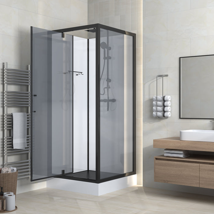 MARANI COMPLETE DOUCHECABINE MET DRAAIDEUR - OMKEERBAAR - 90X225X90 CM - MAT ZWART - GRIJS ROOKGLAS