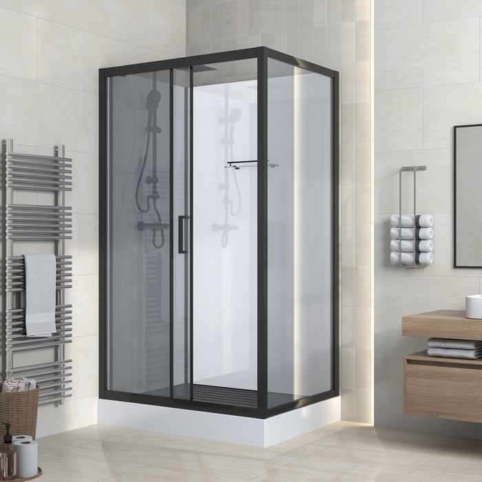 MARANI COMPLETE DOUCHECABINE MET SCHUIFDEUR - OMKEERBAAR - 120X225X90 CM - MAT ZWART- GRIJS ROOKGLAS