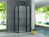 ALONI DOUCHECABINE - DRAAIDEUR EN ZIJWAND - 900 X 1400 X2000 MM - MAT ZWART - HELDER GLAS MET ZWART RASTER