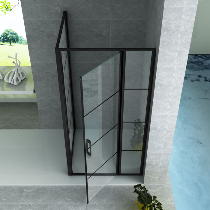 ALONI DOUCHECABINE - DRAAIDEUR EN ZIJWAND - 900 X 1400 X2000 MM - MAT ZWART - HELDER GLAS MET ZWART RASTER