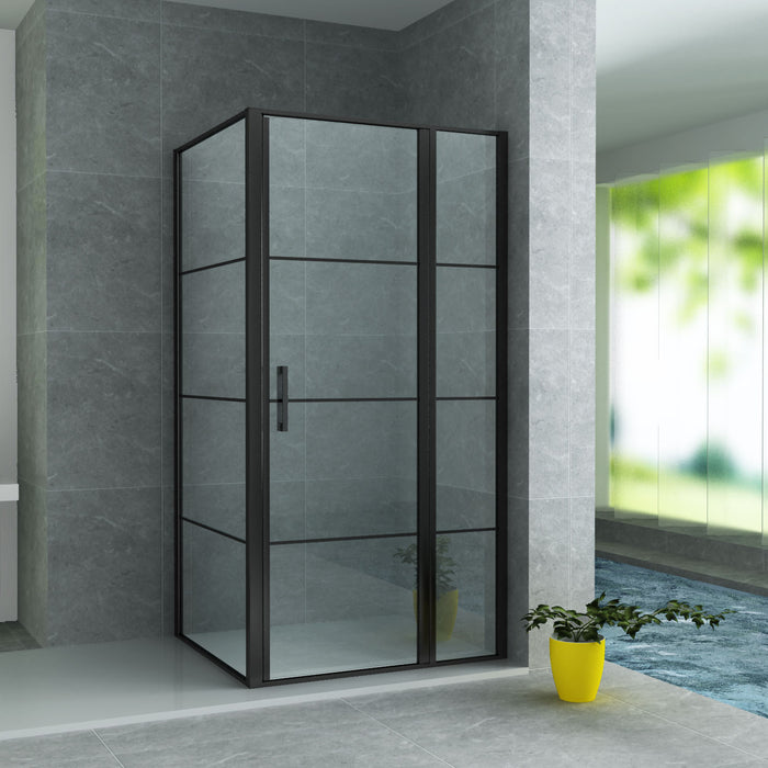 ALONI DOUCHECABINE - DRAAIDEUR EN ZIJWAND - 900 X 1400 X2000 MM - MAT ZWART - HELDER GLAS MET ZWART RASTER
