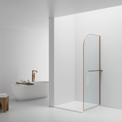 CURVY INLOOPDOUCHE MET HANDDOEKHOUDER - GEBOGEN - MET ANTI-KALKBEHANDELING - OMKEERBAAR - 8MM VEILIGHEIDSGLAS - 100X200CM - GEBORSTELD KOPER - HELDER GLAS
