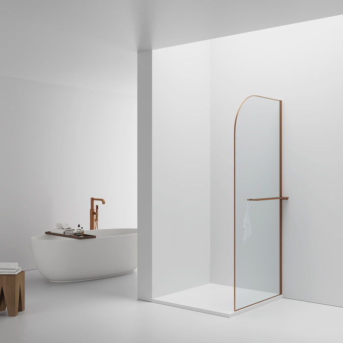 CURVY INLOOPDOUCHE MET HANDDOEKHOUDER - GEBOGEN - MET ANTI-KALKBEHANDELING - OMKEERBAAR - 8MM VEILIGHEIDSGLAS - 120X200CM - GEBORSTELD KOPER - GEBOGEN - HELDER GLAS