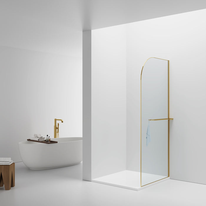 CURVY INLOOPDOUCHE MET HANDDOEKHOUDER - GEBOGEN - MET ANTI-KALKBEHANDELING - OMKEERBAAR - 8MM VEILIGHEIDSGLAS - 120X200CM - GEBORSTELD GOUD - HELDER GLAS