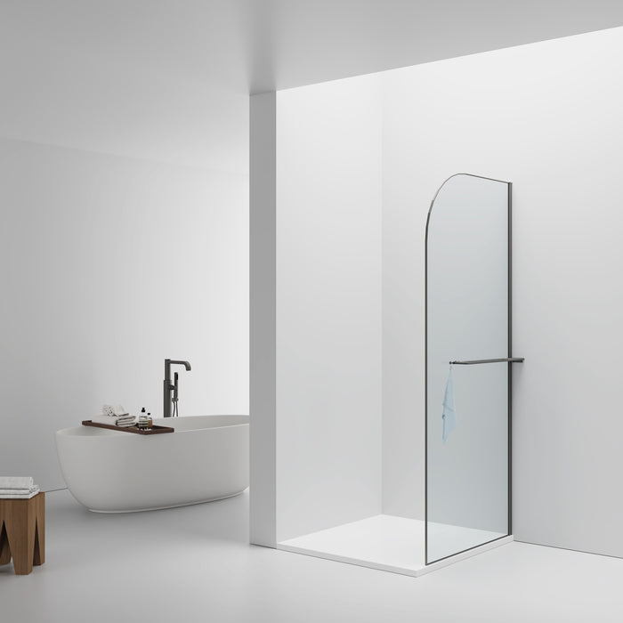 CURVY INLOOPDOUCHE MET HANDDOEKHOUDER - GEBOGEN - MET ANTI-KALKBEHANDELING - OMKEERBAAR - 8MM VEILIGHEIDSGLAS - 120X200CM - GUNMETAL - HELDER GLAS