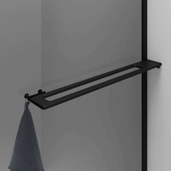 CURVY INLOOPDOUCHE MET HANDDOEKHOUDER - GEBOGEN - MET ANTI-KALKBEHANDELING - OMKEERBAAR - 8MM VEILIGHEIDSGLAS - 100X200CM - MAT ZWART - GRIJS ROOKGLAS
