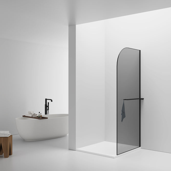 CURVY INLOOPDOUCHE MET HANDDOEKHOUDER - GEBOGEN - MET ANTI-KALKBEHANDELING - OMKEERBAAR - 8MM VEILIGHEIDSGLAS - 120X200CM - MAT ZWART - GRIJS ROOKGLAS