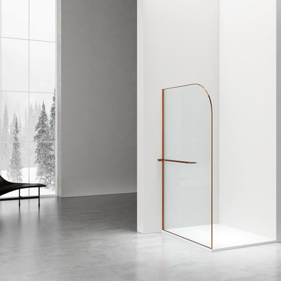 CURVY INLOOPDOUCHE MET HANDDOEKHOUDER - GEBOGEN - MET ANTI-KALKBEHANDELING - OMKEERBAAR - 8MM VEILIGHEIDSGLAS - 120X200CM - GEBORSTELD KOPER - GEBOGEN - HELDER GLAS