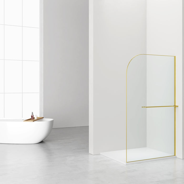 CURVY INLOOPDOUCHE MET HANDDOEKHOUDER - GEBOGEN - MET ANTI-KALKBEHANDELING - OMKEERBAAR - 8MM VEILIGHEIDSGLAS - 120X200CM - GEBORSTELD GOUD - HELDER GLAS