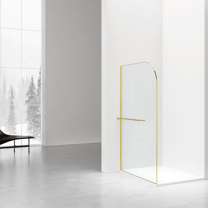 CURVY INLOOPDOUCHE MET HANDDOEKHOUDER - GEBOGEN - MET ANTI-KALKBEHANDELING - OMKEERBAAR - 8MM VEILIGHEIDSGLAS - 120X200CM - GEBORSTELD GOUD - HELDER GLAS