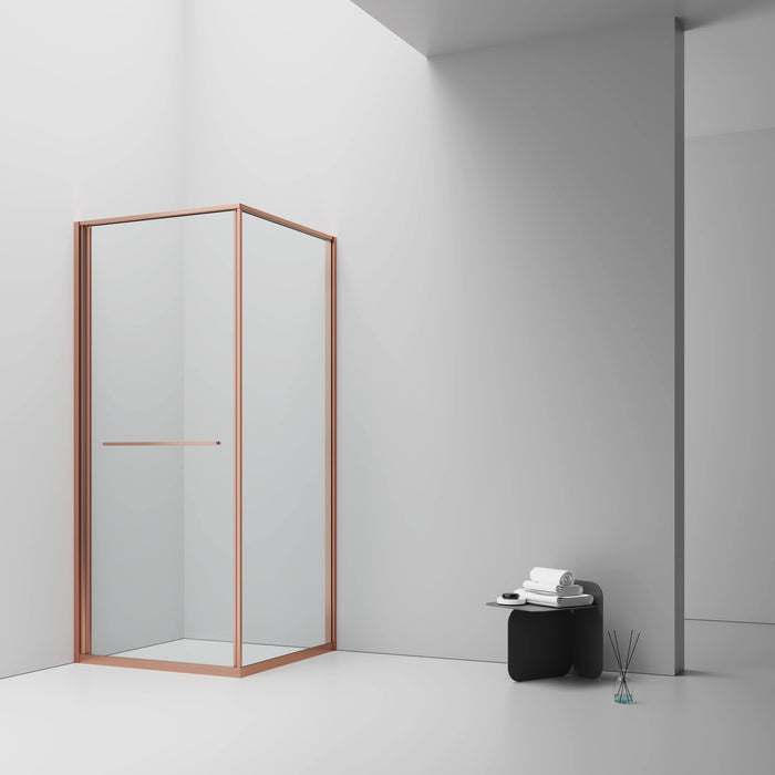 INSLIDE DOUCHECABINE - NAAR BINNEN OPENENDE SCHUIFDEUR EN ZIJWAND - RUIMTEBESPAREND - OMKEERBAAR - 6MM VEILIGHEIDSGLAS - 90X90X200 CM - GEBORSTELD GOUD - HELDER GLAS