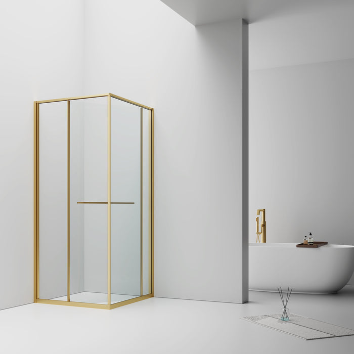 INSLIDE DOUCHECABINE - NAAR BINNEN OPENENDE SCHUIFDEUR EN ZIJWAND - RUIMTEBESPAREND - OMKEERBAAR - 6MM VEILIGHEIDSGLAS - 90X90X200 CM - GEBORSTELD GOUD - HELDER GLAS