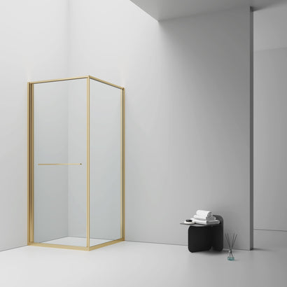 INSLIDE DOUCHECABINE - NAAR BINNEN OPENENDE SCHUIFDEUR EN ZIJWAND - RUIMTEBESPAREND - OMKEERBAAR - 6MM VEILIGHEIDSGLAS - 90X90X200 CM - GEBORSTELD GOUD - HELDER GLAS
