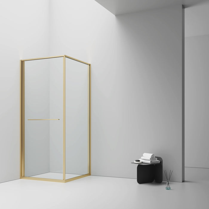 INSLIDE DOUCHECABINE - NAAR BINNEN OPENENDE SCHUIFDEUR EN ZIJWAND - RUIMTEBESPAREND - OMKEERBAAR - 6MM VEILIGHEIDSGLAS - 90X90X200 CM - GEBORSTELD GOUD - HELDER GLAS