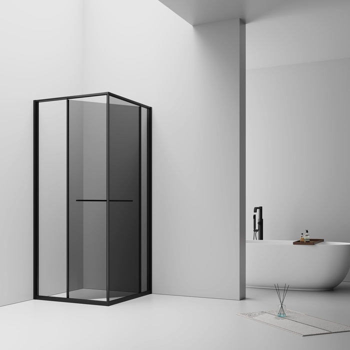 INSLIDE DOUCHECABINE - NAAR BINNEN OPENENDE SCHUIFDEUR EN ZIJWAND - RUIMTEBESPAREND - OMKEERBAAR - 6MM VEILIGHEIDSGLAS - 90X90X200 CM - MAT ZWART - GRIJS ROOKGLAS