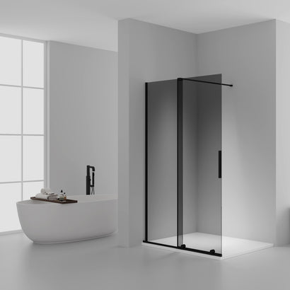 X-SLIDE INLOOPDOUCHE MET SCHUIFDEUR - SCHUIFDEUR VOOR NIS - MET ANTI-KALKBEHANDELING - OMKEERBAAR - 8MM VEILIGHEIDSGLAS - 120X200CM - MAT ZWART - GRIJS ROOKGLAS