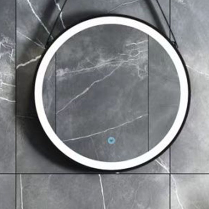 ALONI BELTIA SPIEGEL - MET LED VERLICHTING - ROND - MET LIJST - MET IMITATIE LEDEREN BAND EN HAAK - KLEURTEMPERATUUR LED 3500-6500K - 80CM - MAT ZWART