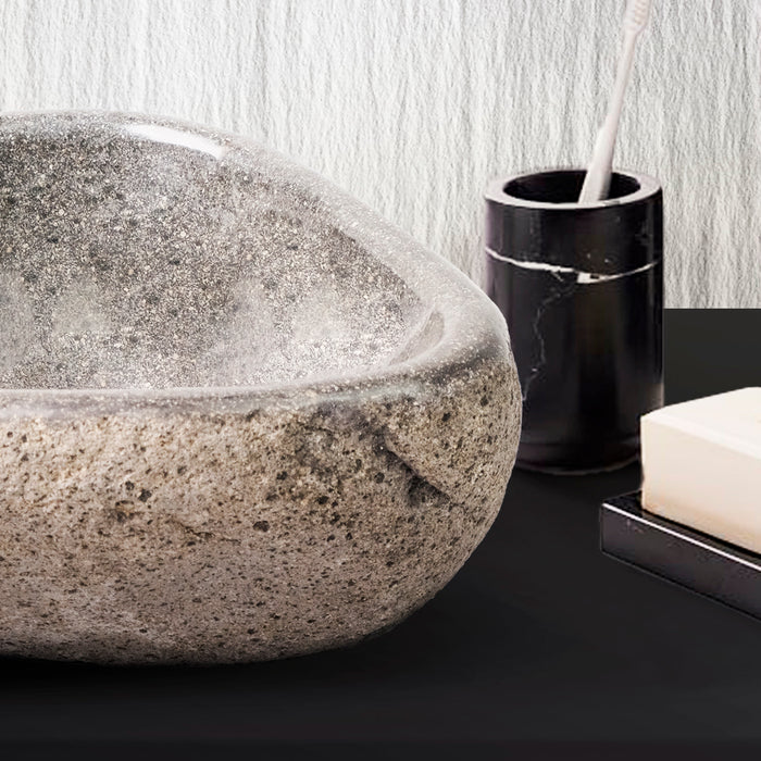 RONDE WASKOM VAN NATUURLIJKE RIVIERSTEEN DUNNE RAND - GRIJS 30-35X15X1,5CM