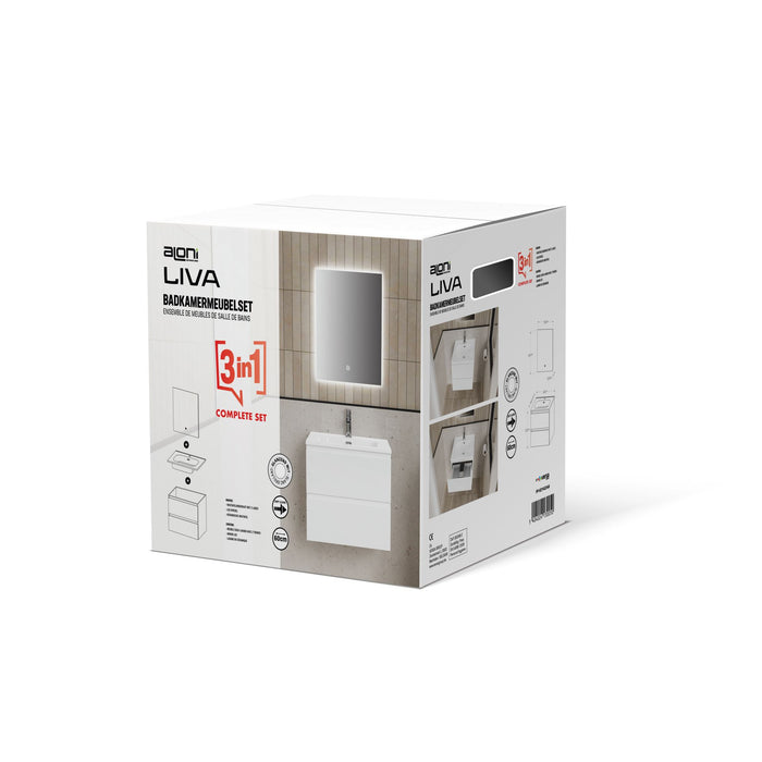 ALONI LIVA BADKAMERMEUBELSET COMPLEET - MET ONDERKAST - MET WASTAFEL - MET LED SPIEGEL - 60CM - GLANZEND WIT