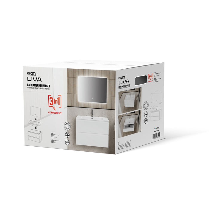 ALONI LIVA BADKAMERMEUBELSET COMPLEET - MET ONDERKAST - MET WASTAFEL - MET LED SPIEGEL - 80CM - GLANZEND WIT