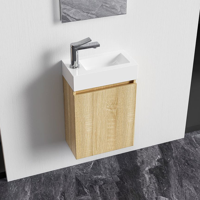 ALONI ZYRO TOILETMEUBELSET - COMPLEET - ONDERKAST MET 1 DEUR - GREEPLOOS - SOFT CLOSE - OMKEERBAAR - SPIEGEL - FONTEIN - 40,5X22,5 CM - LICHT EIKEN/GLANZEND WIT