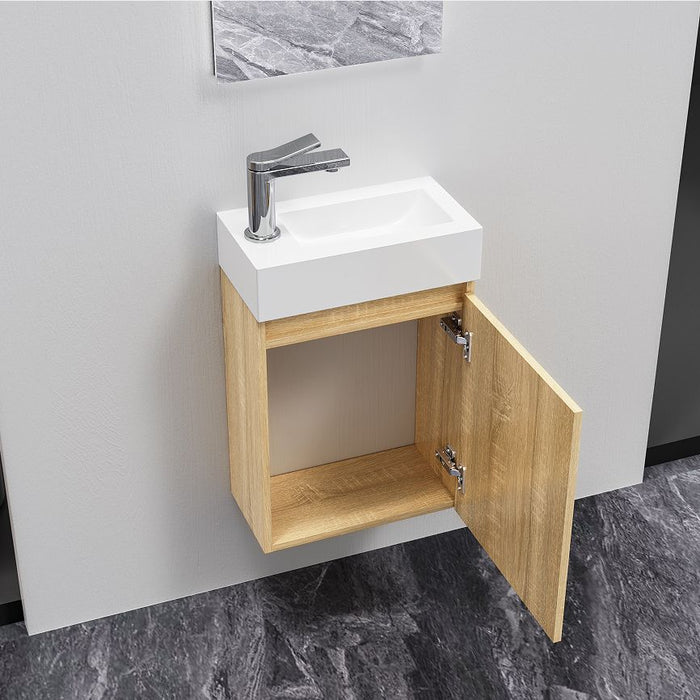 ALONI ZYRO TOILETMEUBELSET - COMPLEET - ONDERKAST MET 1 DEUR - GREEPLOOS - SOFT CLOSE - OMKEERBAAR - SPIEGEL - FONTEIN - 40,5X22,5 CM - LICHT EIKEN/GLANZEND WIT