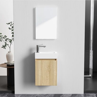 ALONI ZYRO TOILETMEUBELSET - COMPLEET - ONDERKAST MET 1 DEUR - GREEPLOOS - SOFT CLOSE - OMKEERBAAR - SPIEGEL - FONTEIN - 40,5X22,5 CM - LICHT EIKEN/GLANZEND WIT