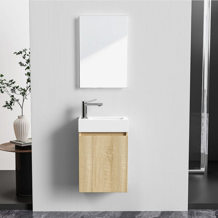 ALONI ZYRO TOILETMEUBELSET - COMPLEET - ONDERKAST MET 1 DEUR - GREEPLOOS - SOFT CLOSE - OMKEERBAAR - SPIEGEL - FONTEIN - 40,5X22,5 CM - LICHT EIKEN/GLANZEND WIT