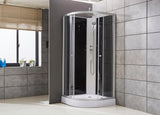 ALONI COMPLETE DOUCHECABINE KWARTROND - MET REGENDOUCHE - 80X220X80 CM - MAT CHROOM - ACHTERPANELEN IN ZWART GLAS - SCHUIFDEUREN IN HELDER GLAS