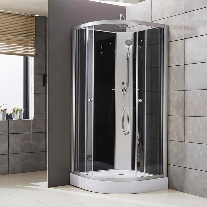 ALONI COMPLETE DOUCHECABINE KWARTROND - MET REGENDOUCHE - 80X220X80 CM - MAT CHROOM - ACHTERPANELEN IN ZWART GLAS - SCHUIFDEUREN IN HELDER GLAS