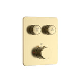 STRIA DOUCHEMENGKRAAN - 2 WEG - THERMOSTATISCH - DRUKNOPPEN MET VERFIJNDE RIBBELSTRUCTUUR - MET INBOUWBOX EN AFBOUWDEEL - RECHTHOEKIG - BELGAQUA - GEBORSTELD GOUD (PVD)