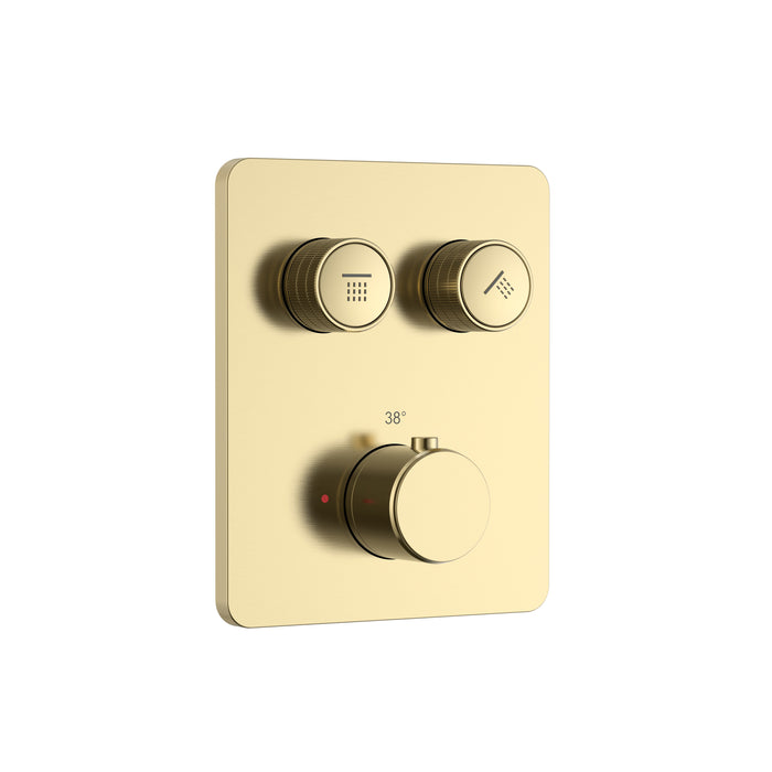 STRIA DOUCHEMENGKRAAN - 2 WEG - THERMOSTATISCH - DRUKNOPPEN MET VERFIJNDE RIBBELSTRUCTUUR - MET INBOUWBOX EN AFBOUWDEEL - RECHTHOEKIG - BELGAQUA - GEBORSTELD GOUD (PVD)