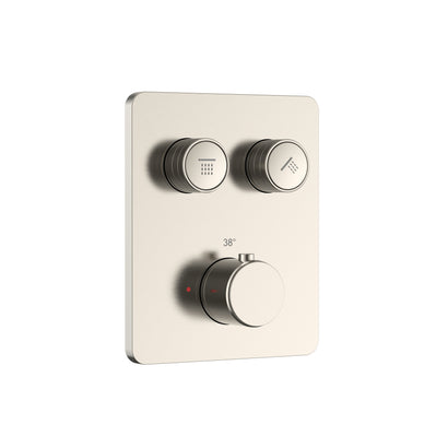STRIA DOUCHEMENGKRAAN - 2 WEG - THERMOSTATISCH - DRUKNOPPEN MET VERFIJNDE RIBBELSTRUCTUUR - MET INBOUWBOX EN AFBOUWDEEL - RECHTHOEKIG - BELGAQUA - GEBORSTELD RVS