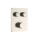STRIA DOUCHEMENGKRAAN - 2 WEG - THERMOSTATISCH - DRUKNOPPEN MET VERFIJNDE RIBBELSTRUCTUUR - MET INBOUWBOX EN AFBOUWDEEL - RECHTHOEKIG - BELGAQUA - GEBORSTELD RVS