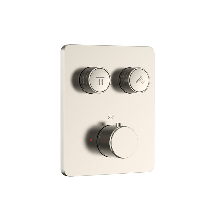 STRIA DOUCHEMENGKRAAN - 2 WEG - THERMOSTATISCH - DRUKNOPPEN MET VERFIJNDE RIBBELSTRUCTUUR - MET INBOUWBOX EN AFBOUWDEEL - RECHTHOEKIG - BELGAQUA - GEBORSTELD RVS