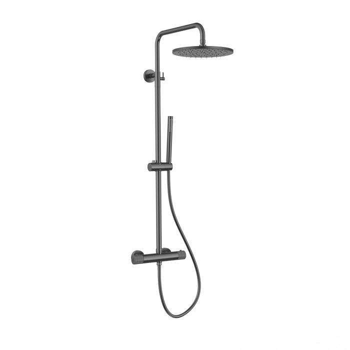 STRIA REGENDOUCHESET - THERMOSTATISCH - COOL TOUCH - HOOFDDOUCHE 30 CM - OPBOUW - KNOPPEN MET VERFIJNDE RIBBELSTRUCTUUR - BELGAQUA - BRUIN BRONS (PVD)